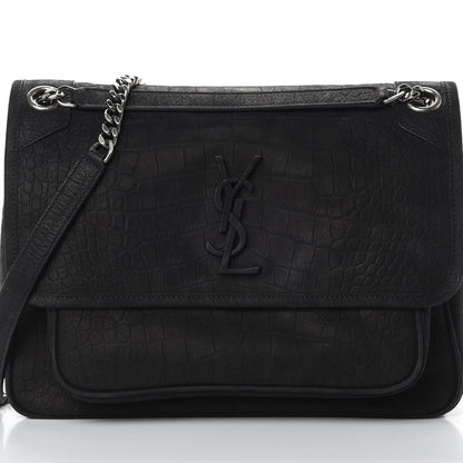 Saint Laurent Nubuck Crocodile Embossed Monogram Medium Niki Chain Satchel Black 9 of 14