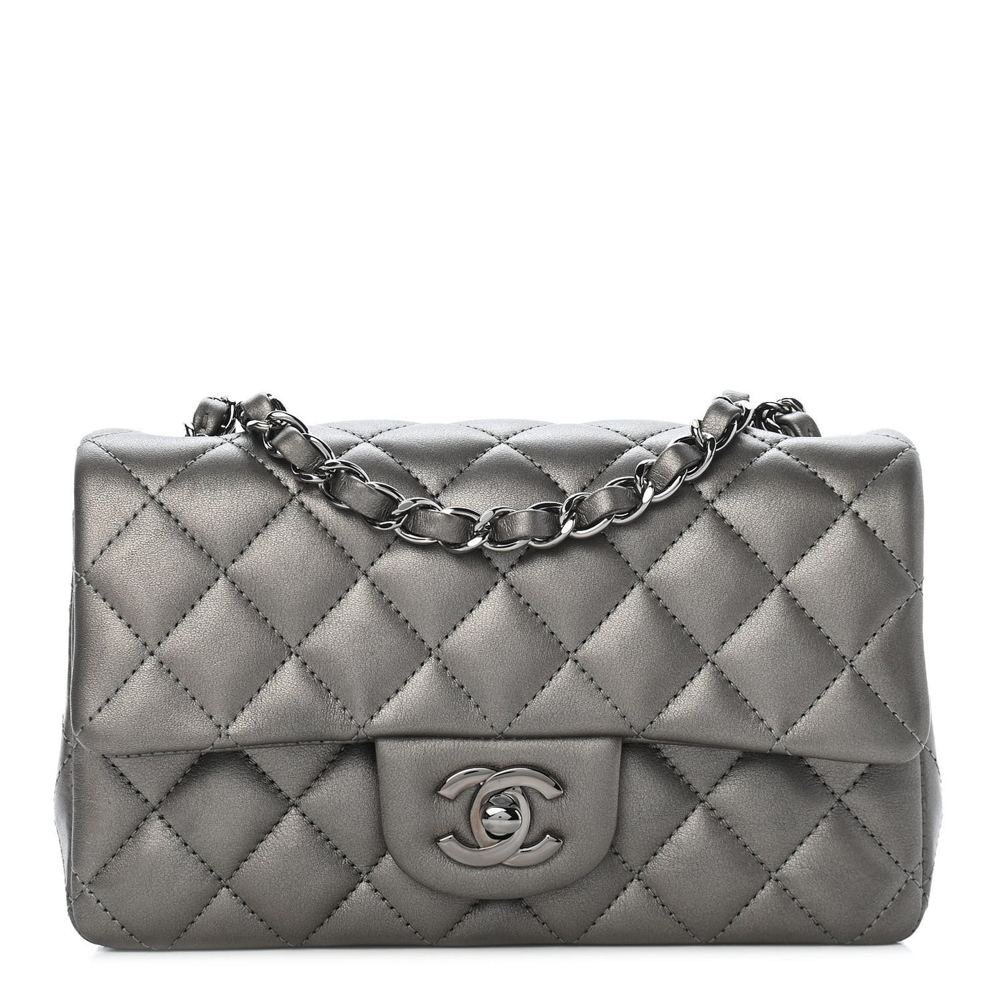 Metallic Lambskin Quilted Mini Rectangular Flap Dark Grey
