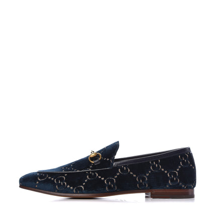 Gucci Velvet GG Monogram Horsebit Mens Jordaan Loafers 10.5 Blue Beige 1 of 11