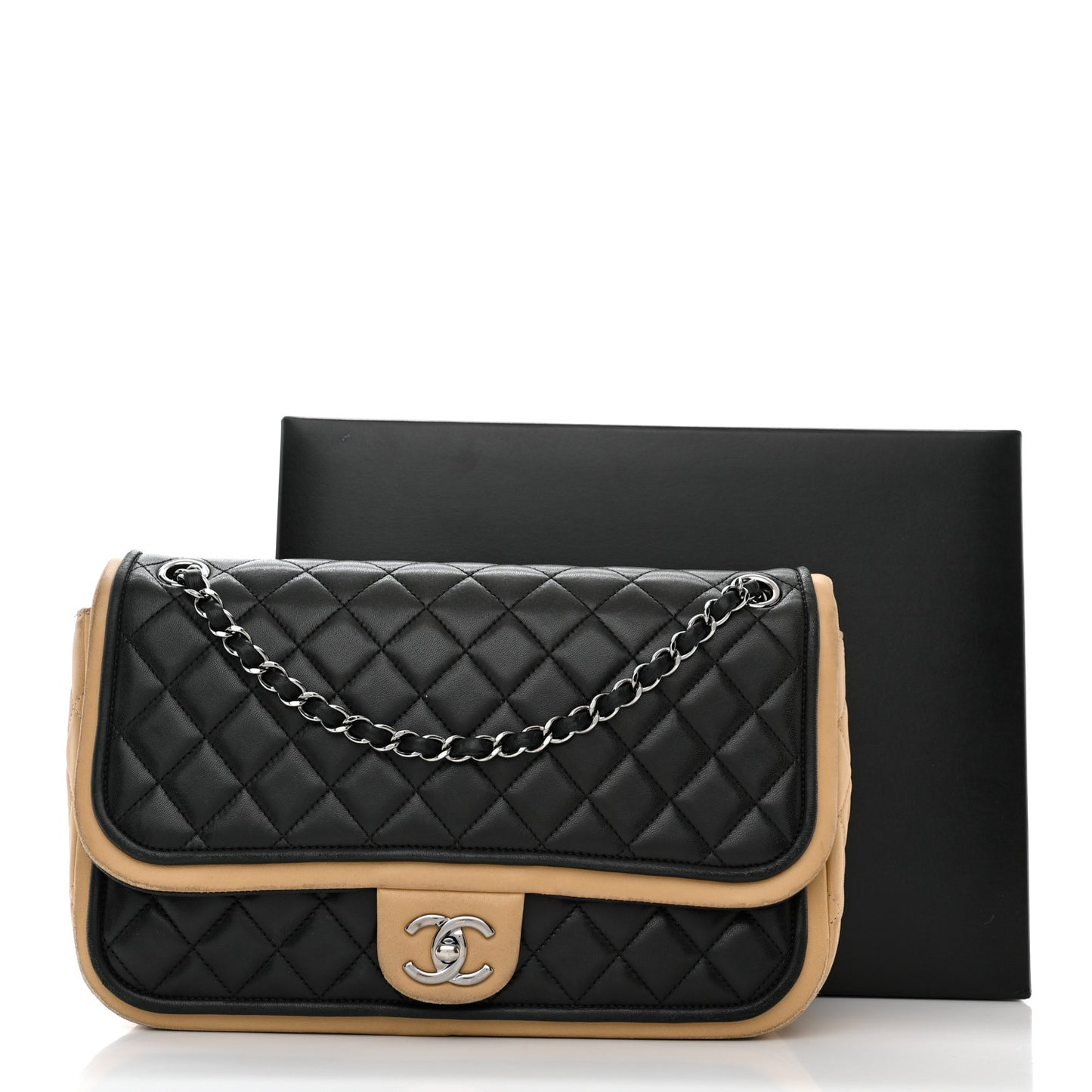 Lambskin Quilted Jumbo Classic Twist Flap Bag Black Beige