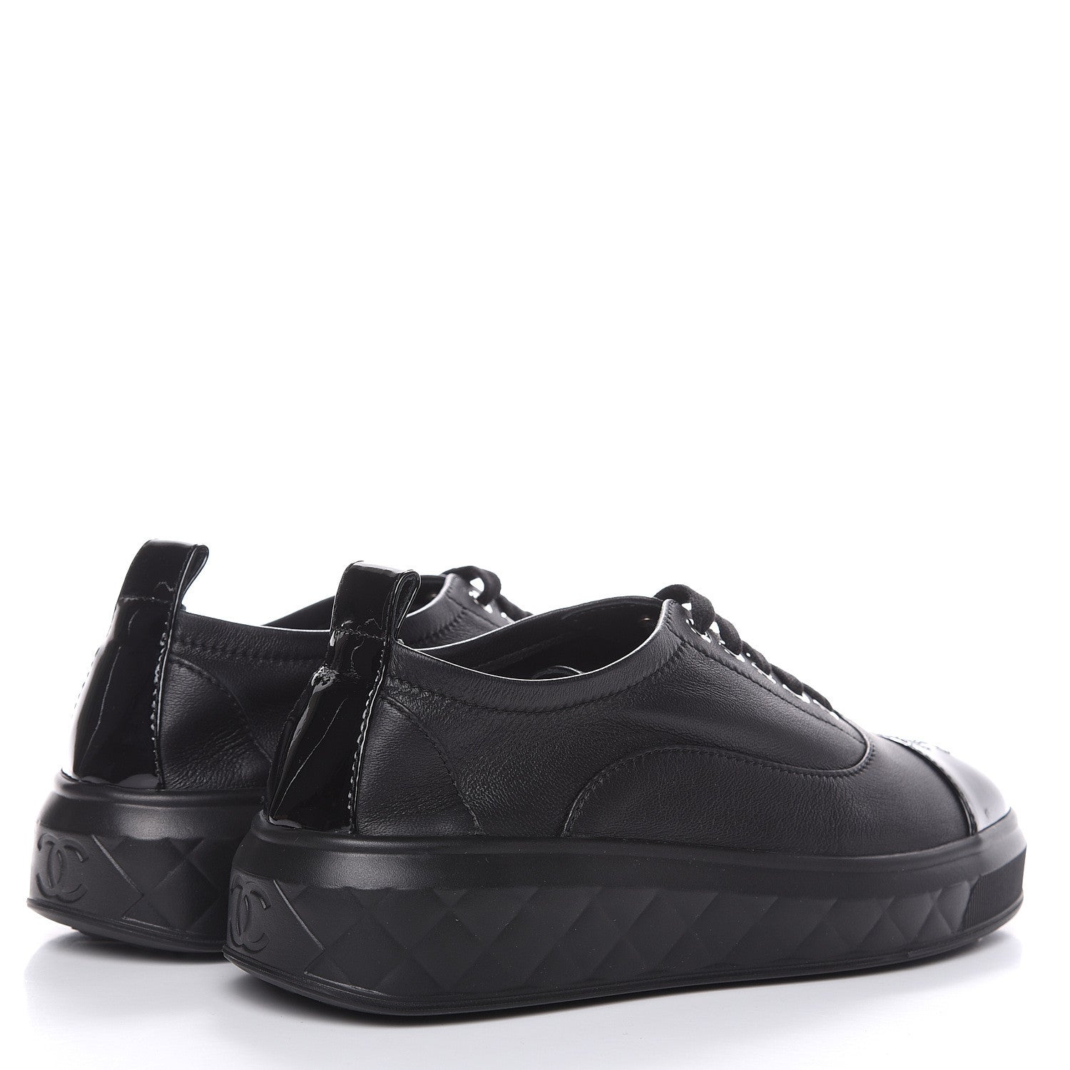 Chanel Lambskin Patent Cap Toe Lace Up Sneakers 38.5 Black 4 of 8