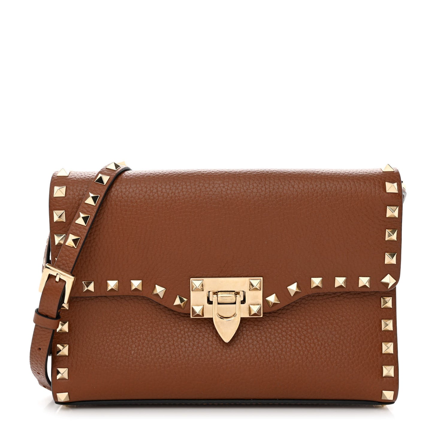 Pebbled Calfskin Medium Rockstud Flip Lock Crossbody Bag Bright Cognac