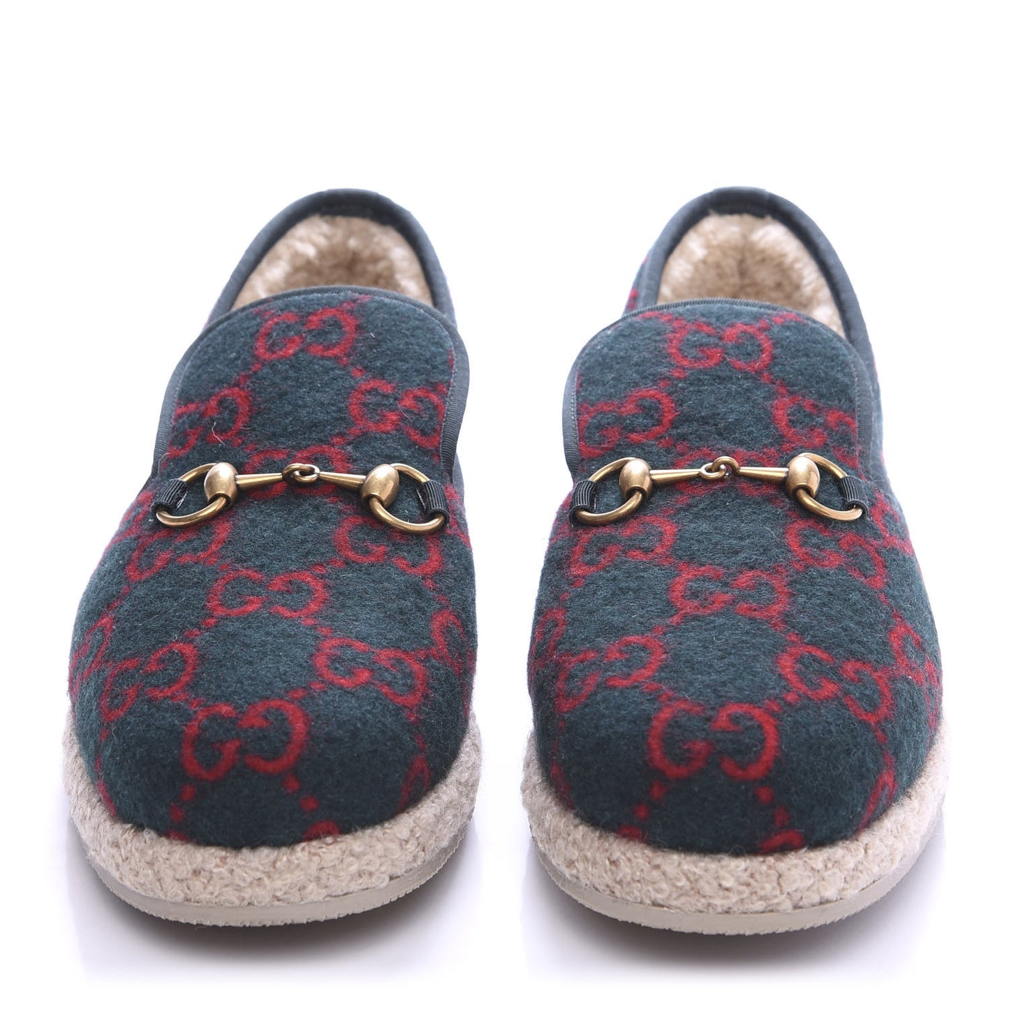 Covered Wool GG Monogram Mens Fria Horsebit Loafers 8 Green Red Shamarock Butterscotch