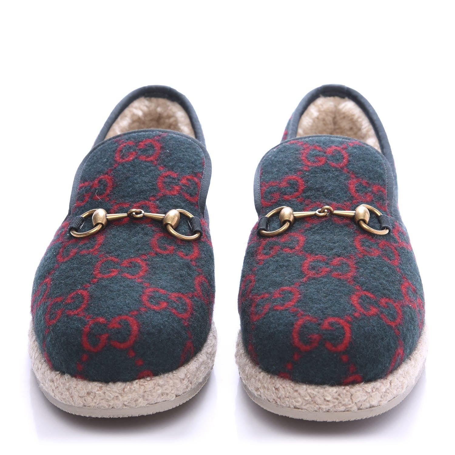 Gucci Covered Wool GG Monogram Mens Fria Horsebit Loafers 8 Green Red Shamarock Butterscotch 2 of 8