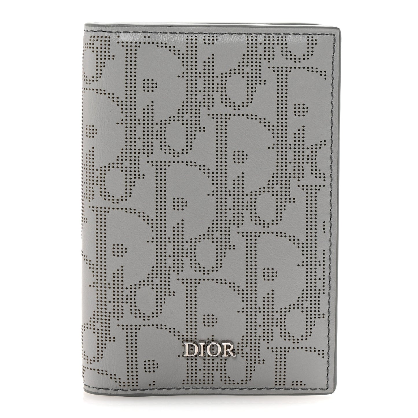 Calfskin Perforated Oblique Bi-Fold Card Holder Grey