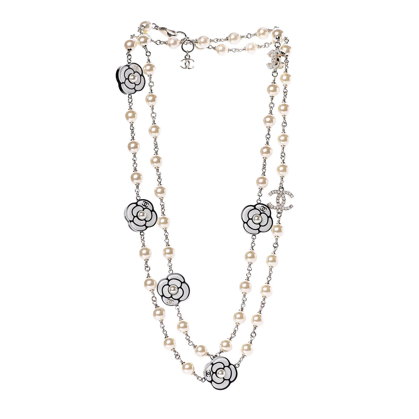 Resin Pearl Camellia CC Long Necklace Gold Pearly White