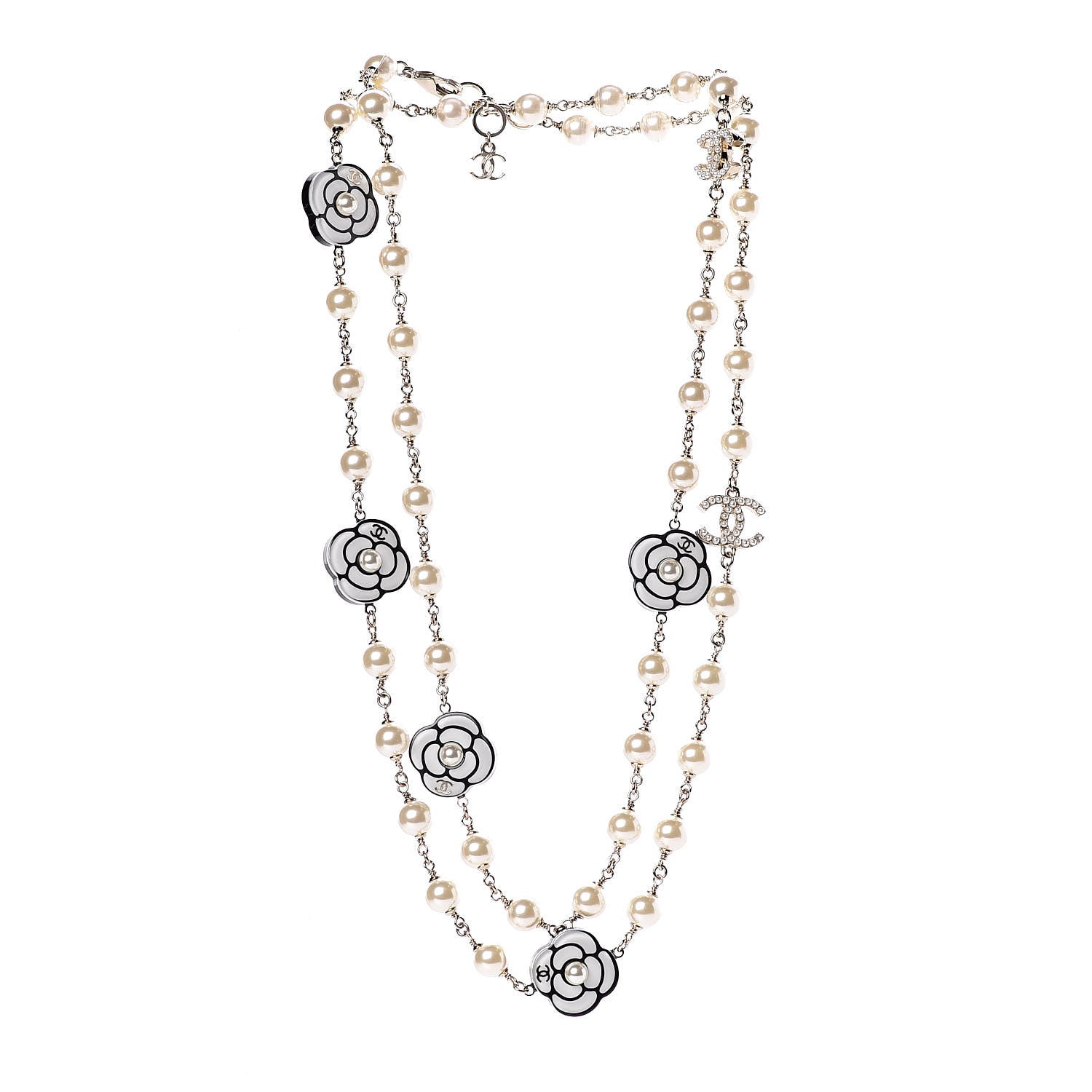 Chanel Resin Pearl Camellia CC Long Necklace Gold Pearly White 3 of 5