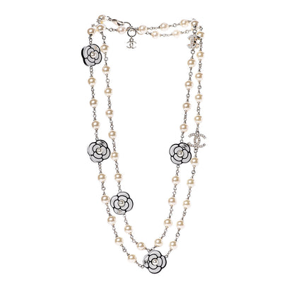 Chanel Resin Pearl Camellia CC Long Necklace Gold Pearly White 3 of 5