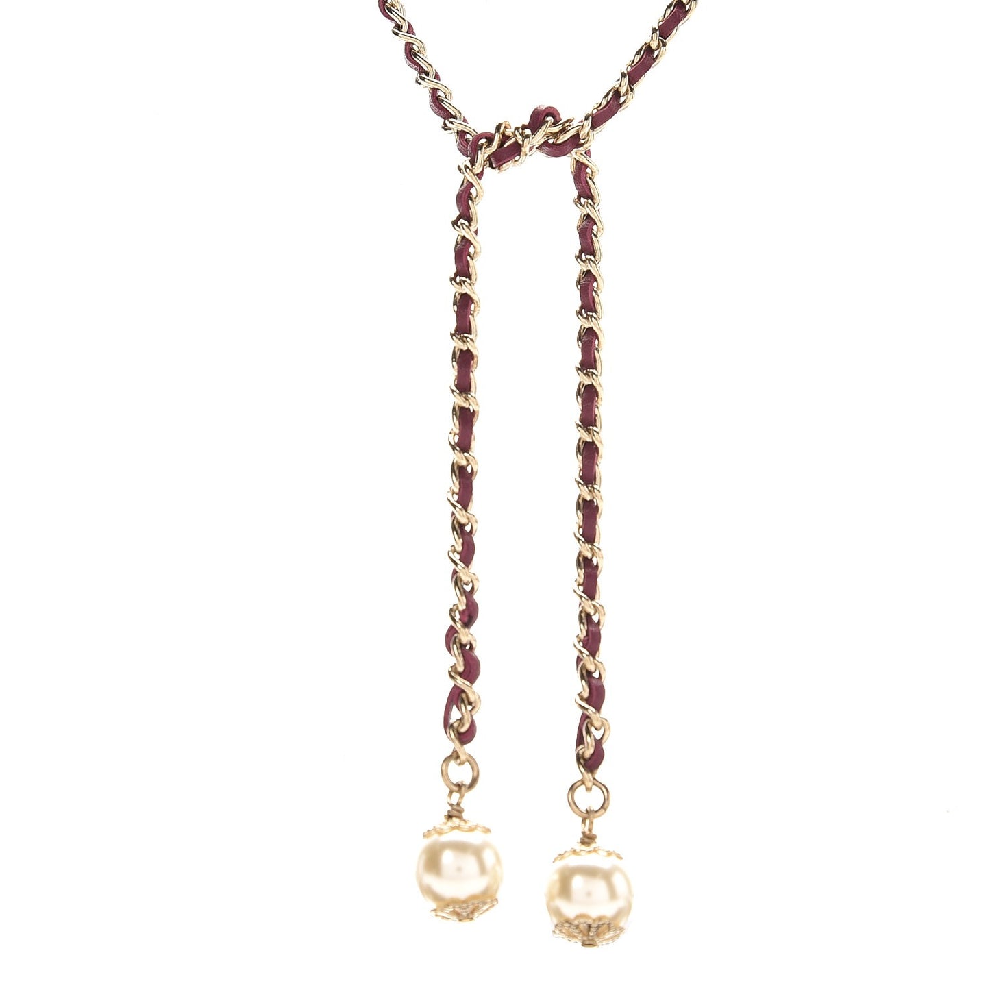 Calfskin Metal Pearl CC Long Chain Necklace Dark Pink Gold