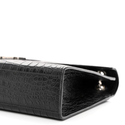 Saint Laurent Calfskin Crocodile Embossed Large Monogram Envelope Chain Shoulder Bag Black 10 of 10