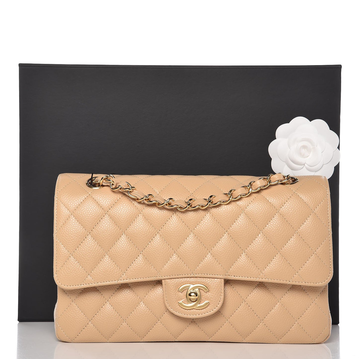 Caviar Quilted Medium Double Flap Beige Clair