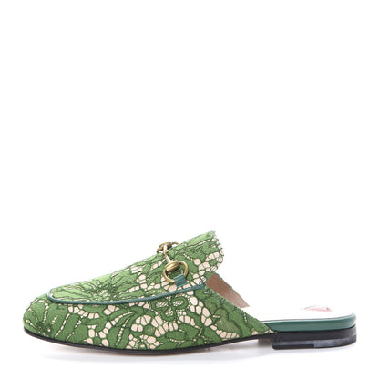 Gucci Lace Malaga Kid Womens Princetown Slippers 36.5 Green Grass Skin Rose 1 of 7