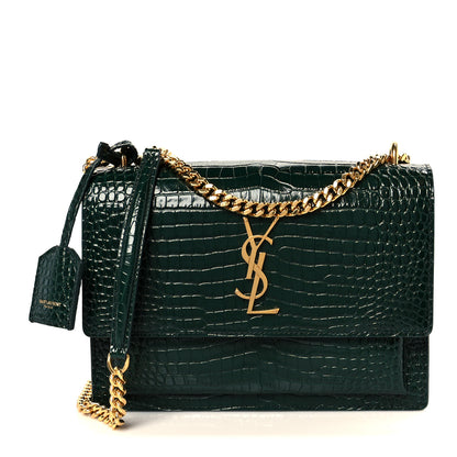 Saint Laurent Calfskin Crocodile Embossed Medium Monogram Sunset Dark Green 1 of 12