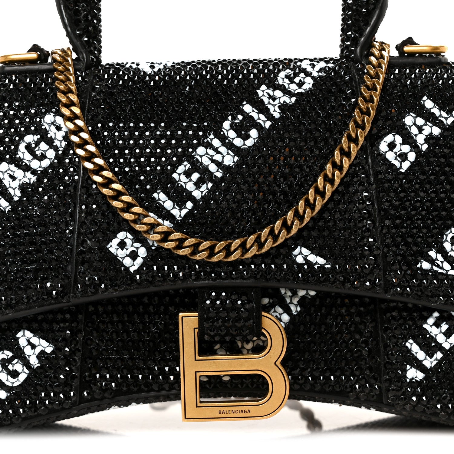 Balenciaga Strass Suede Allover Logo Hourglass Top Handle Bag XS with Chain Black White 9 of 11