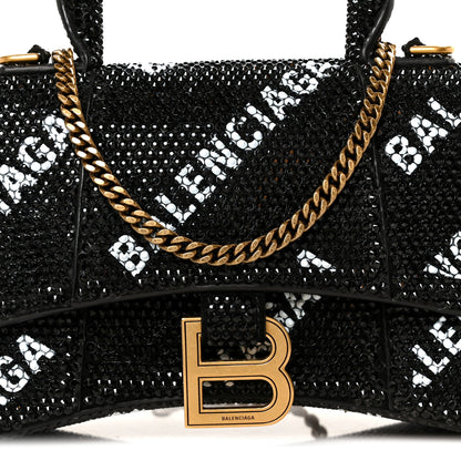 Balenciaga Strass Suede Allover Logo Hourglass Top Handle Bag XS with Chain Black White 9 of 11