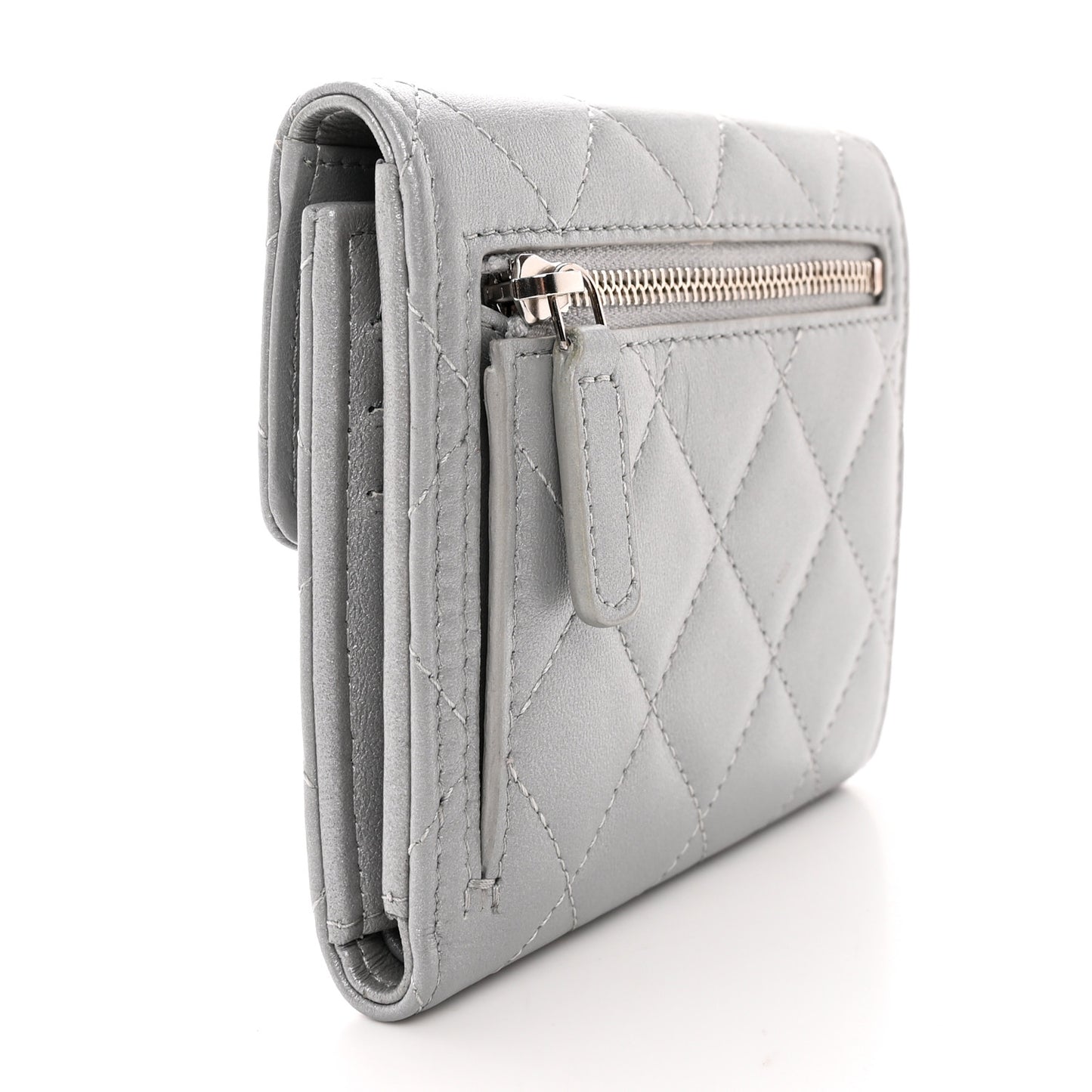 Metallic Lambskin Quilted Compact Flap Wallet Silver