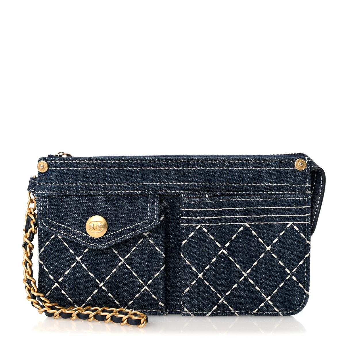 Chanel Denim Quilted Zipped Wristlet Clutch Blue 1 of 6