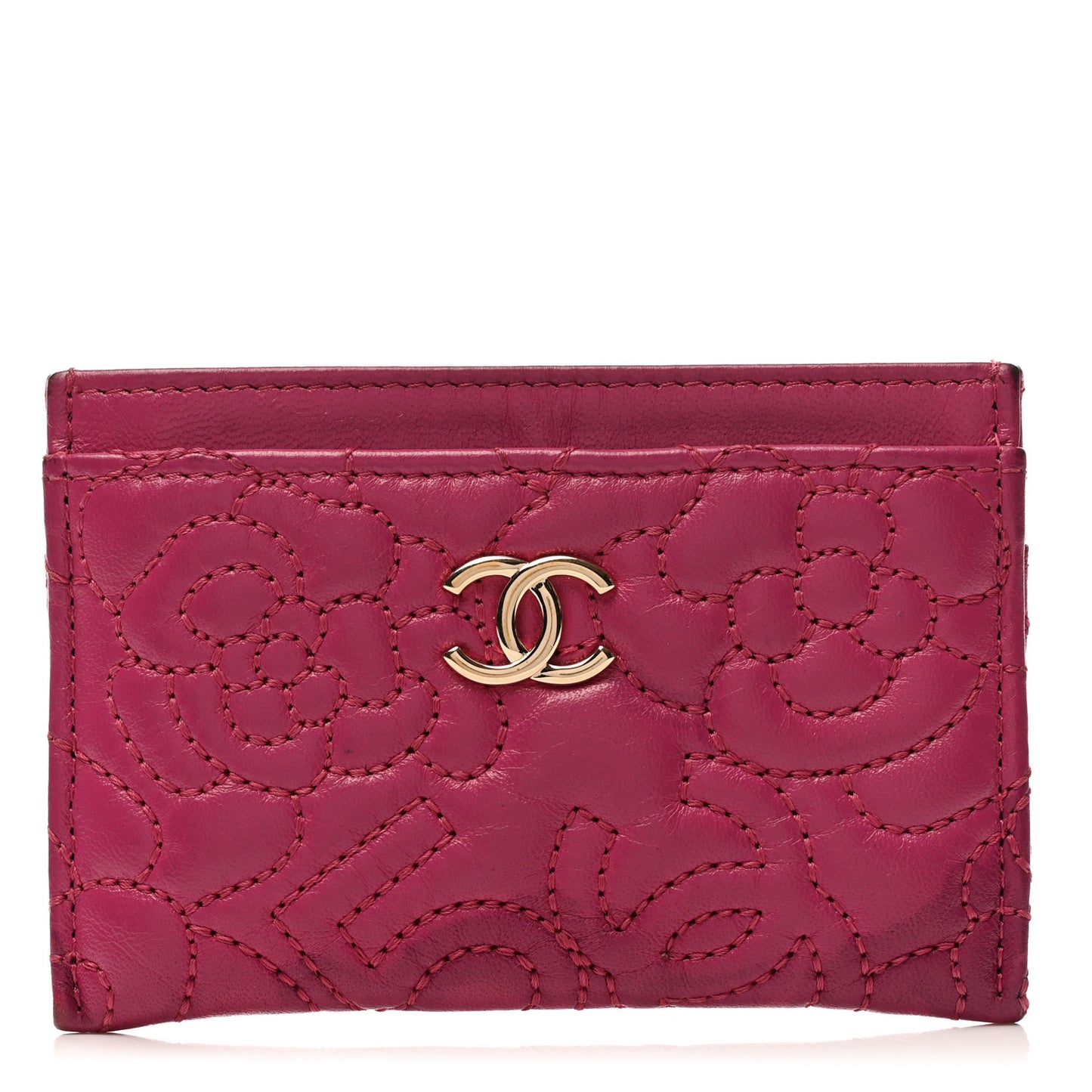 Lambskin Camellia Embossed Card Holder Fuchsia