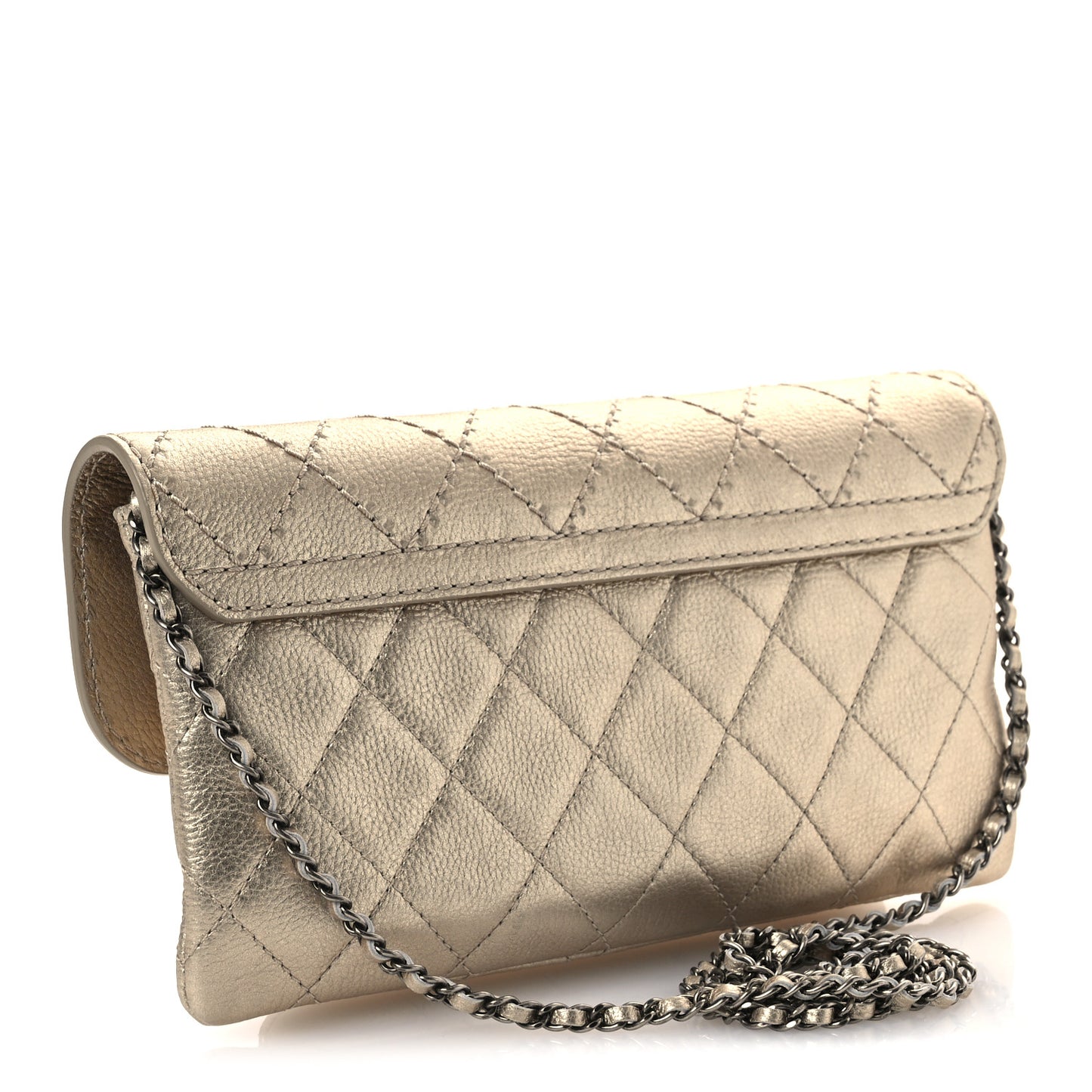 Metallic Calfskin Quilted Flap Clutch With Chain Light Gold