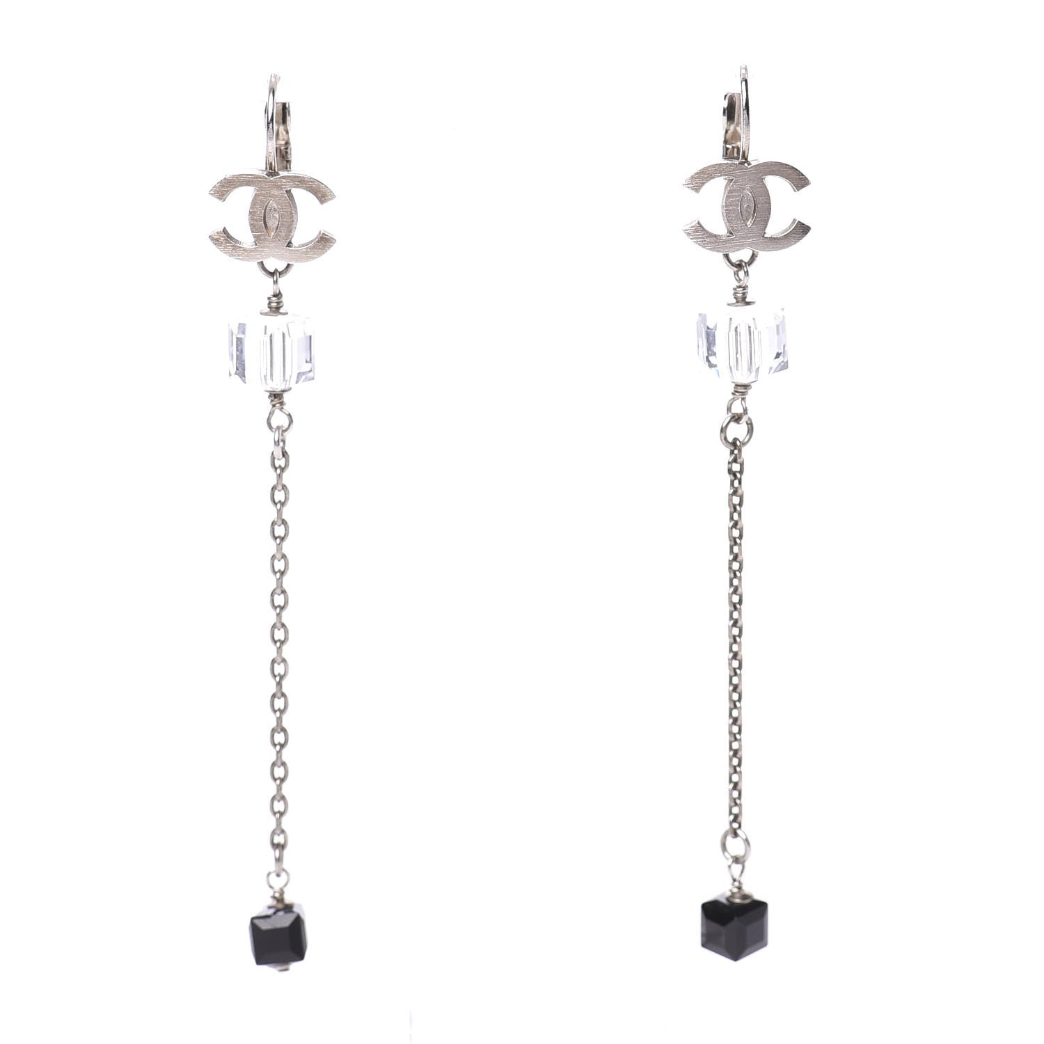 Chanel Crystal CC Dangle Earrings Silver Black 1 of 5