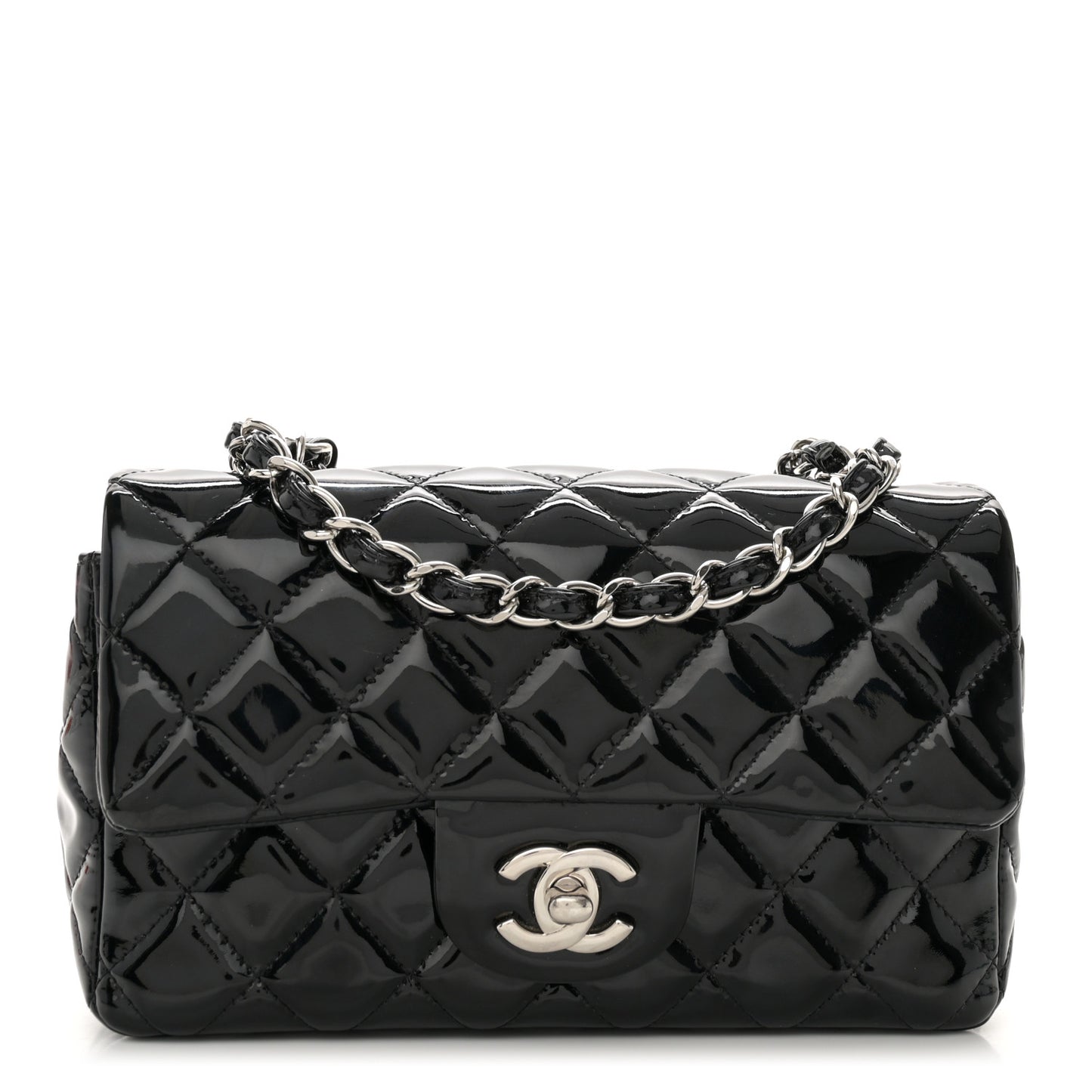 Patent Calfskin Quilted Mini Rectangular Flap Black