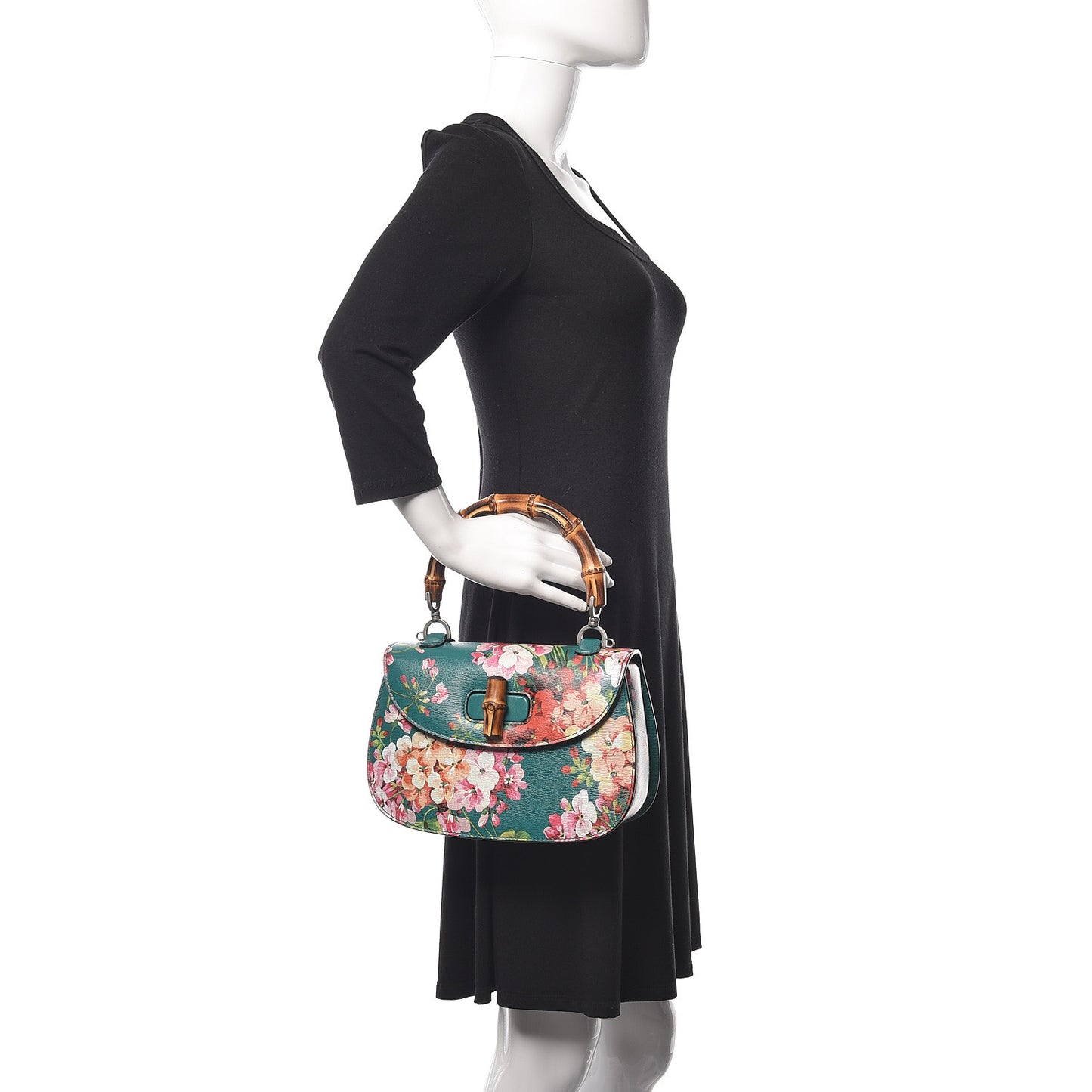 Shangai Calfskin Blooms Print Small Classic Bamboo Top Handle Bag Bright Emerald Multicolor