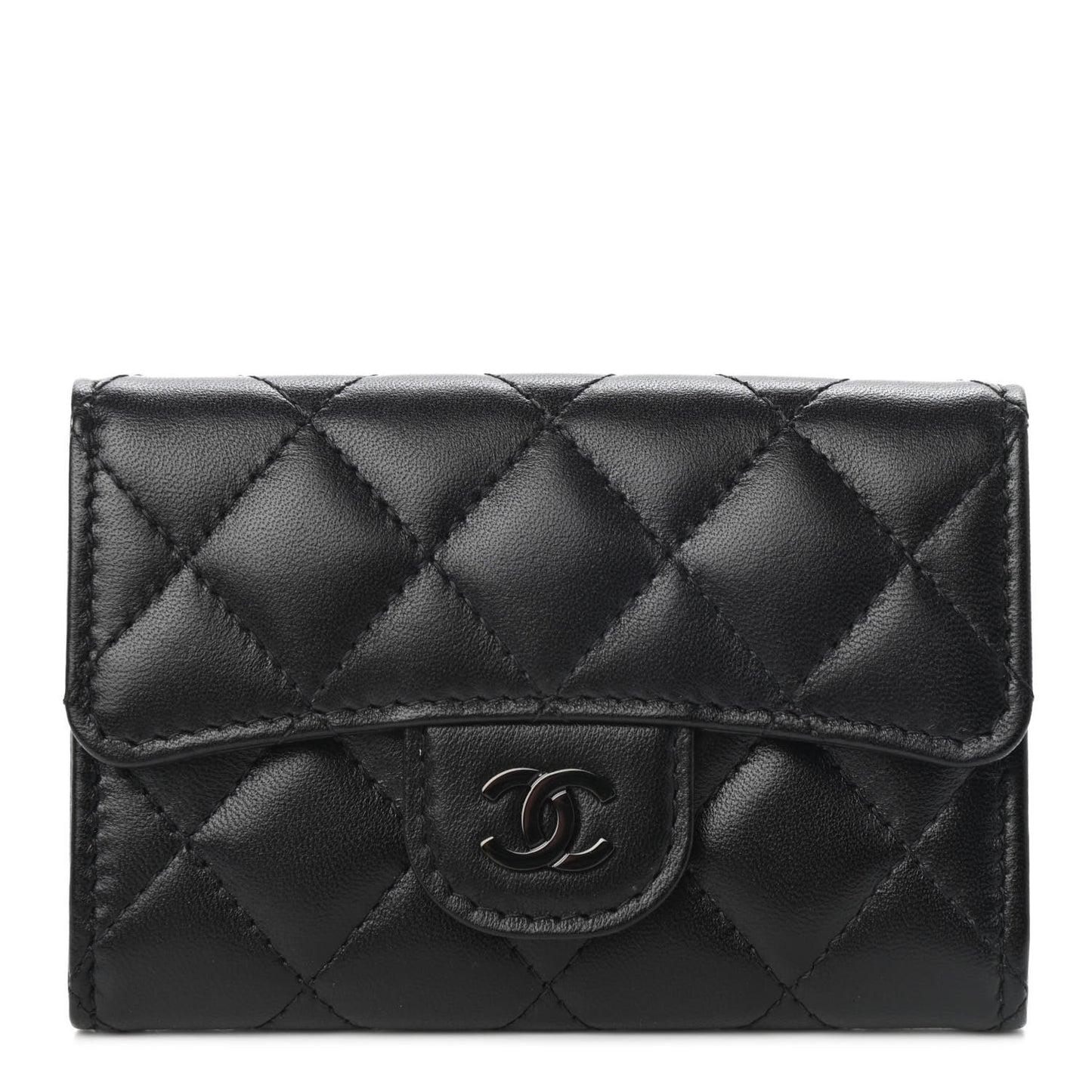 Lambskin Quilted Flap Card Holder Wallet So Black