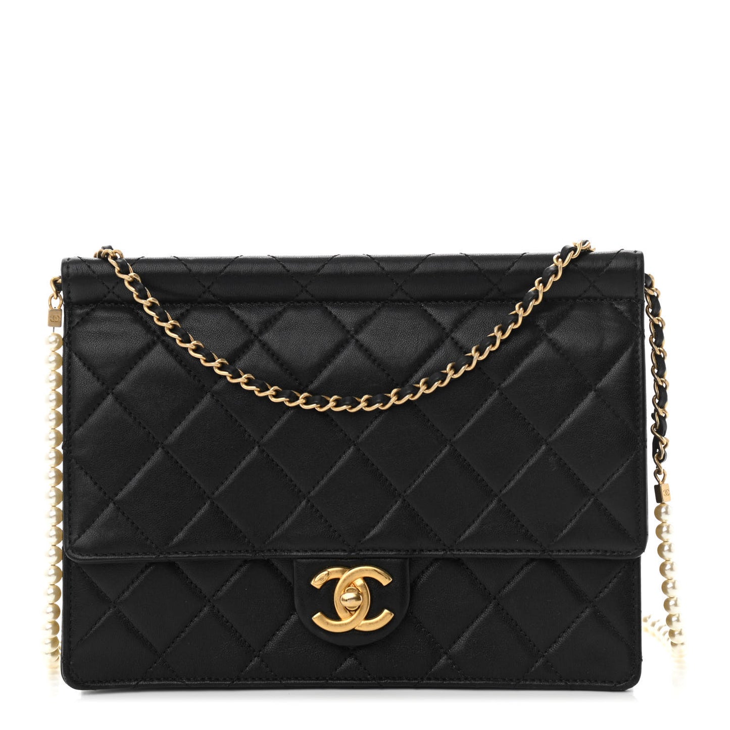Lambskin Quilted Large Pearl Chain Flap Bag Black