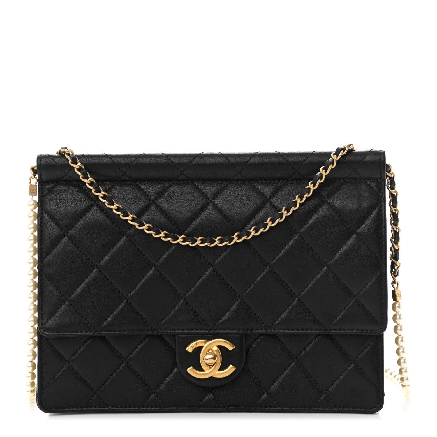 Chanel Lambskin Quilted Large Pearl Chain Flap Bag Black 1 of 10