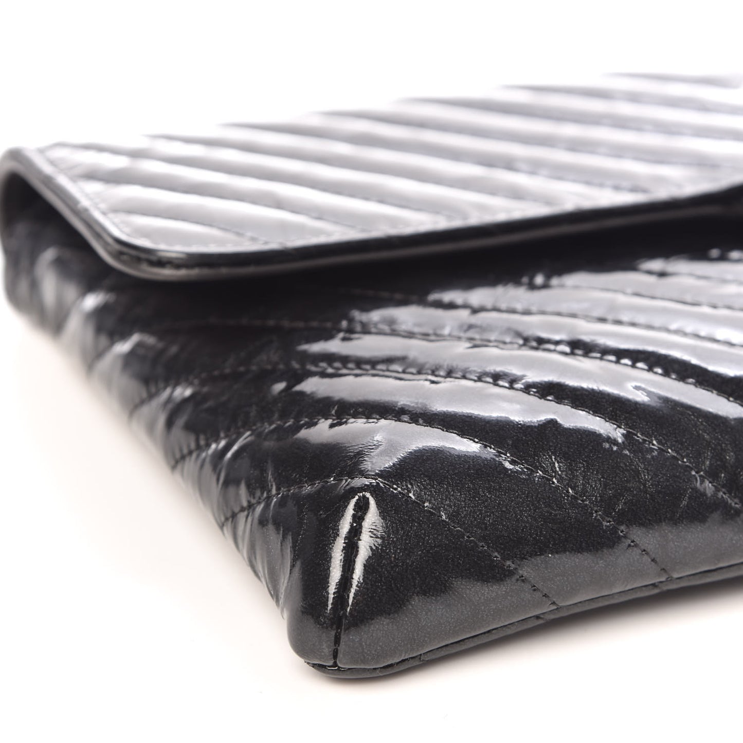 Patent Metallic Crumpled Calfskin Chevron Quilted Envelope Clutch Black