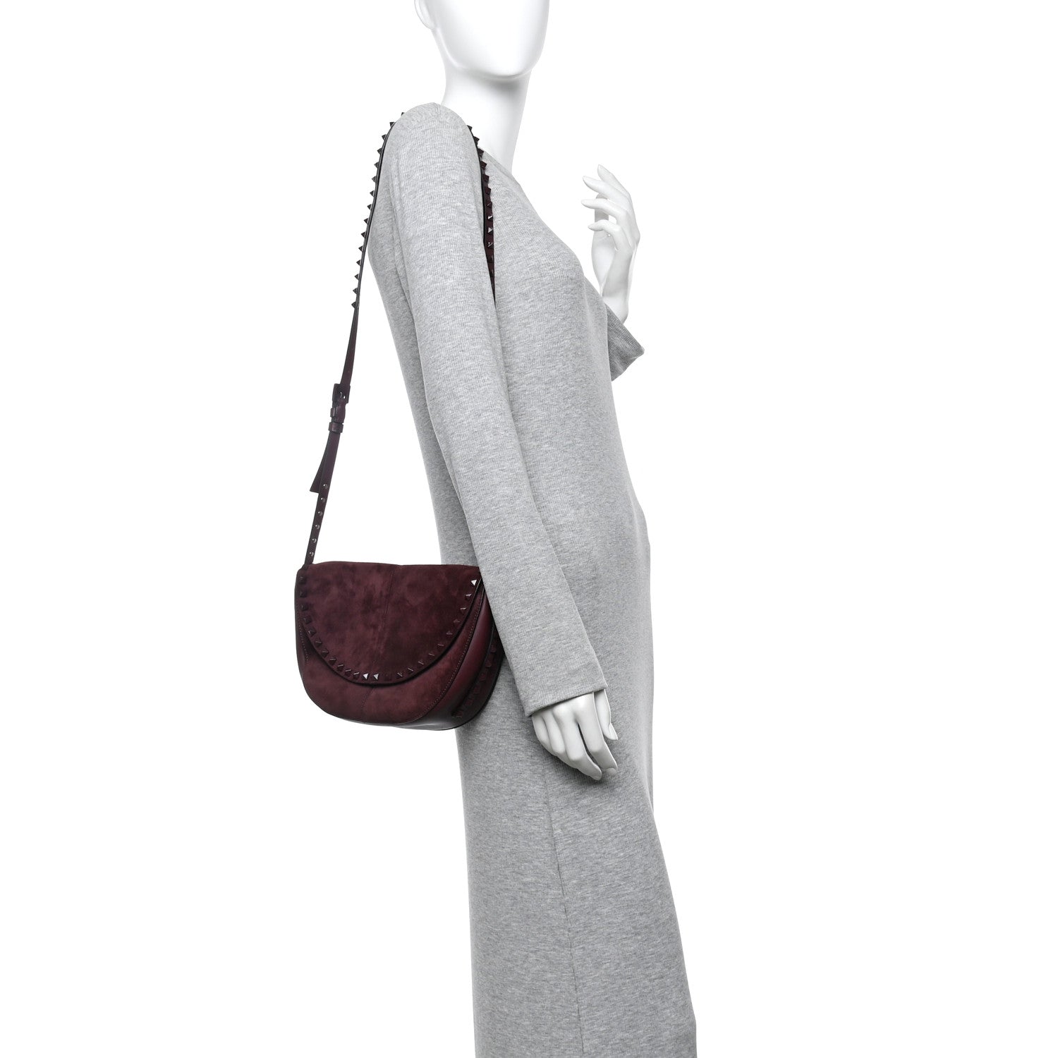 Valentino Garavani Suede Calfskin Rockstud Halfmoon Saddle Bag Rubin 2 of 9