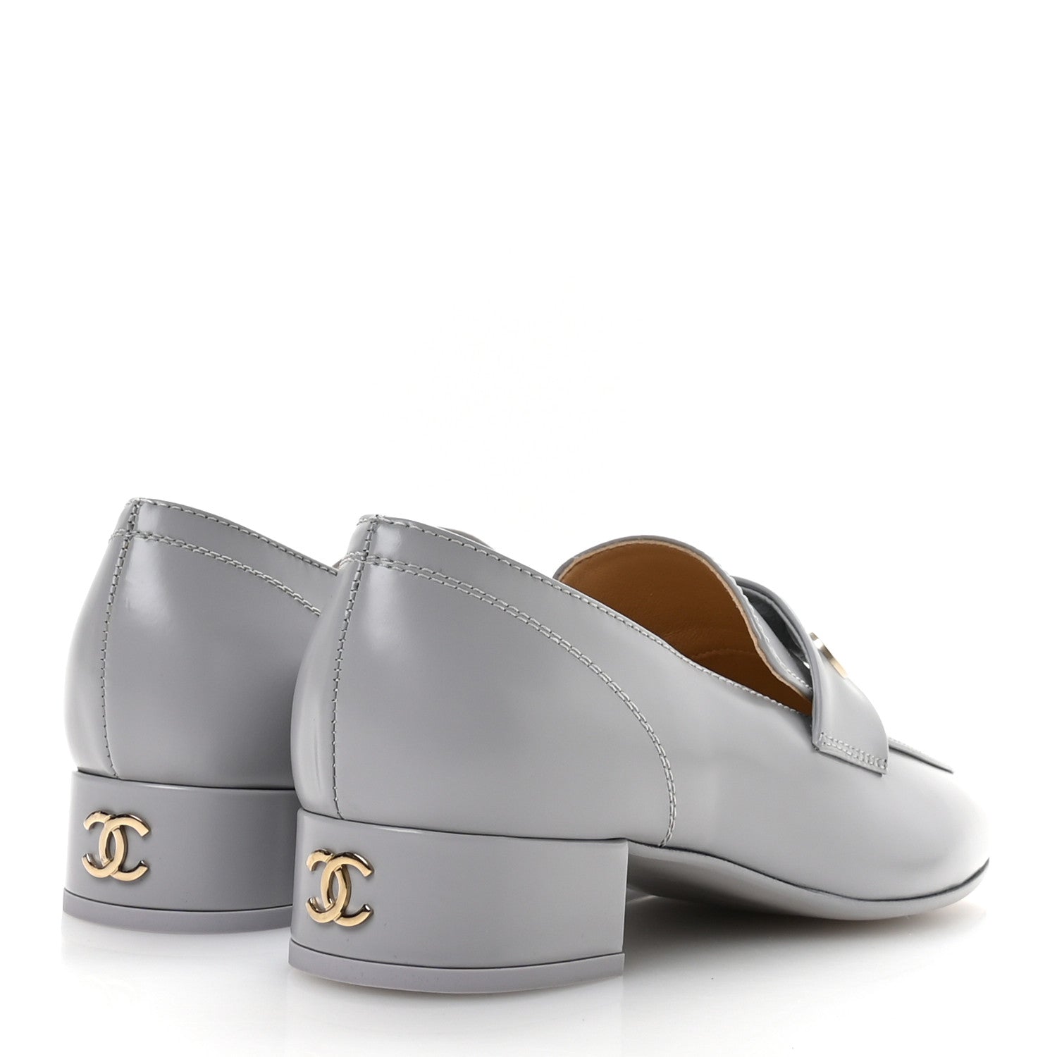 Chanel Shiny Calfskin Logo Loafers 37 Light Grey 5 of 10