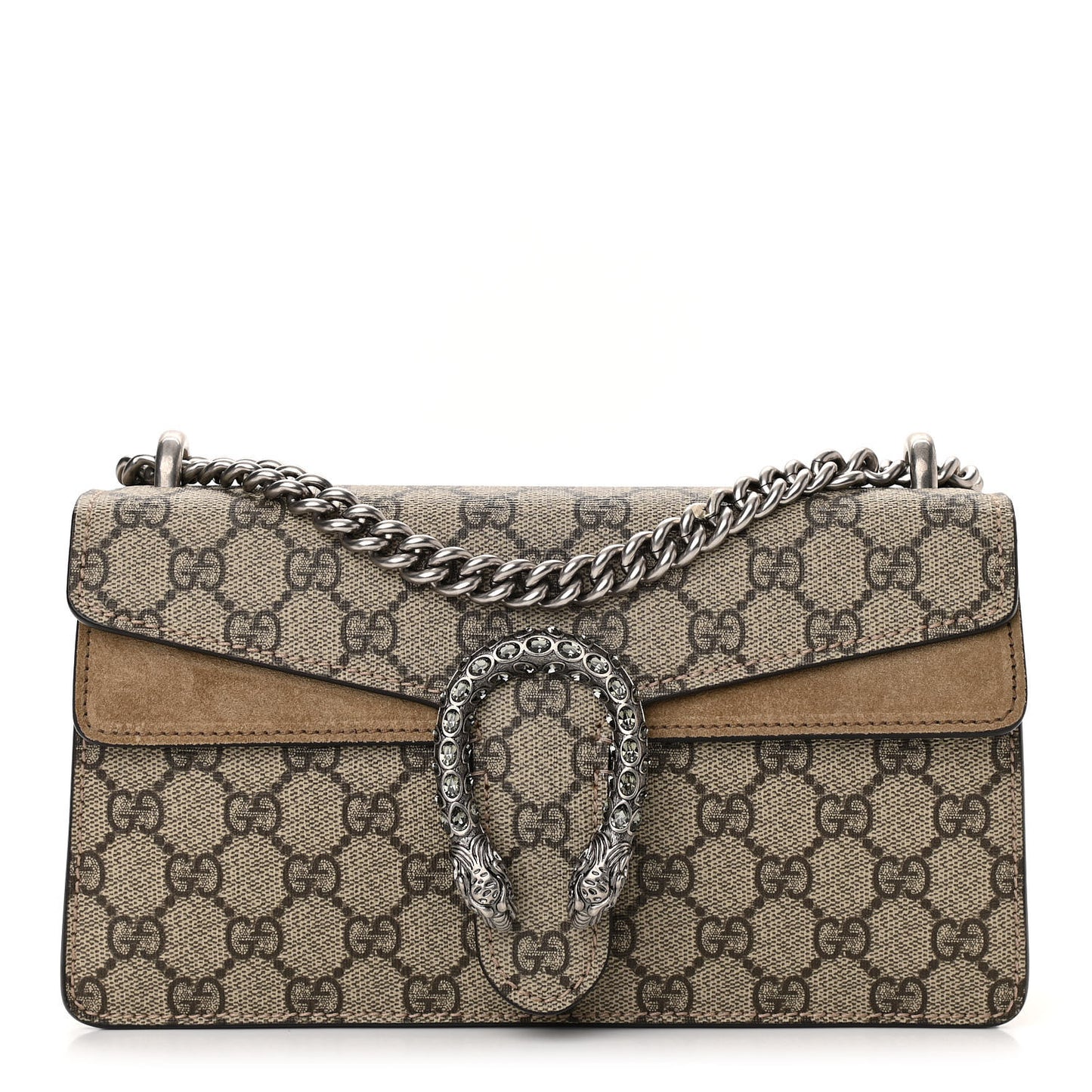 GG Supreme Monogram Suede Crystal Small Dionysus Shoulder Bag Beige Ebony Taupe