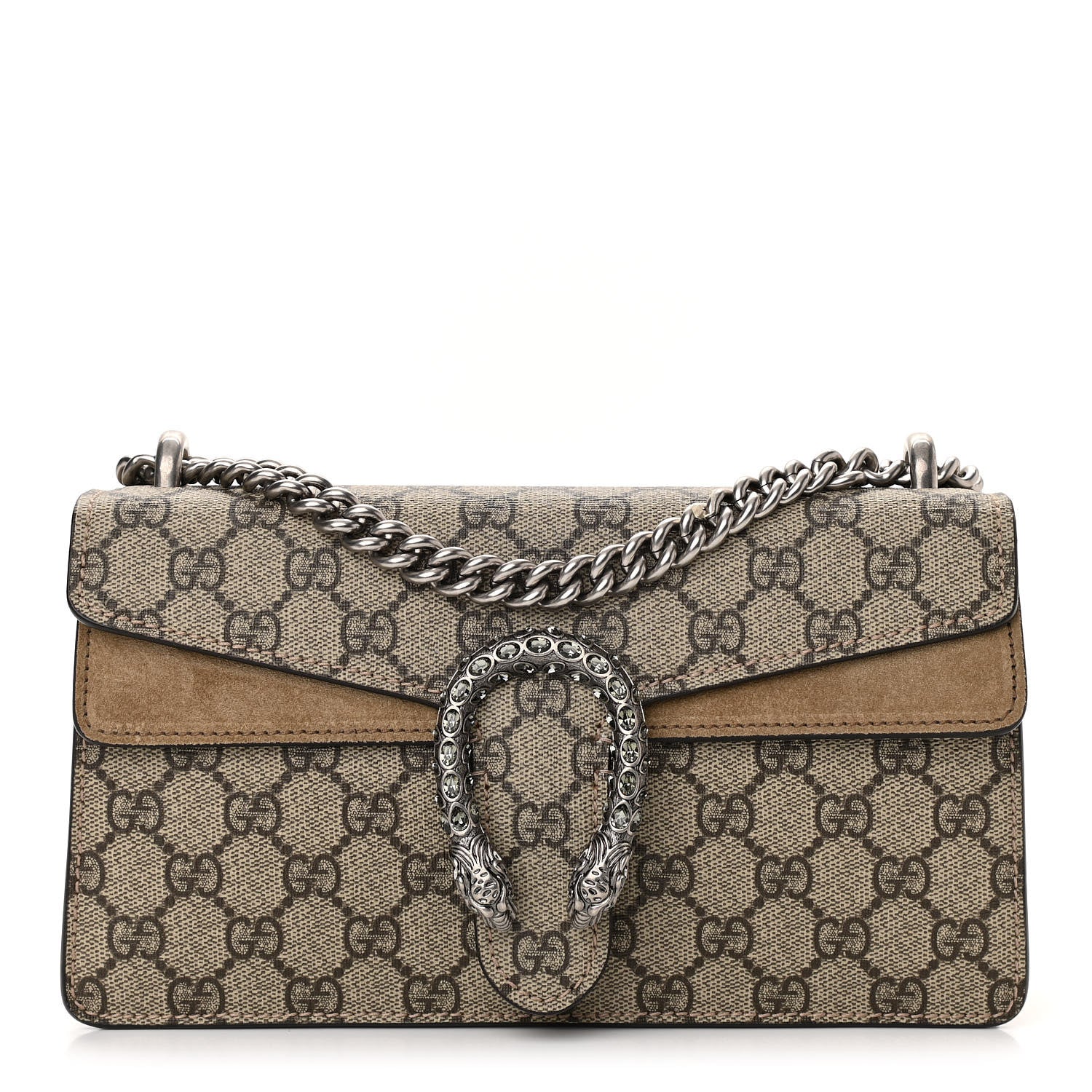 Gucci GG Supreme Monogram Suede Crystal Small Dionysus Shoulder Bag Beige Ebony Taupe 1 of 10