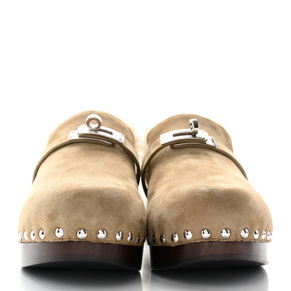 Hermes Suede Goatskin Woolskin Carlotta Mules 37 Beige Gobi 2 of 14