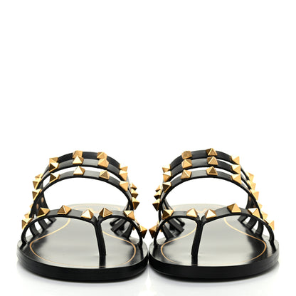 Valentino Garavani Calfskin Rockstud Flair Flat Thong Sandals 37.5 Black 2 of 9