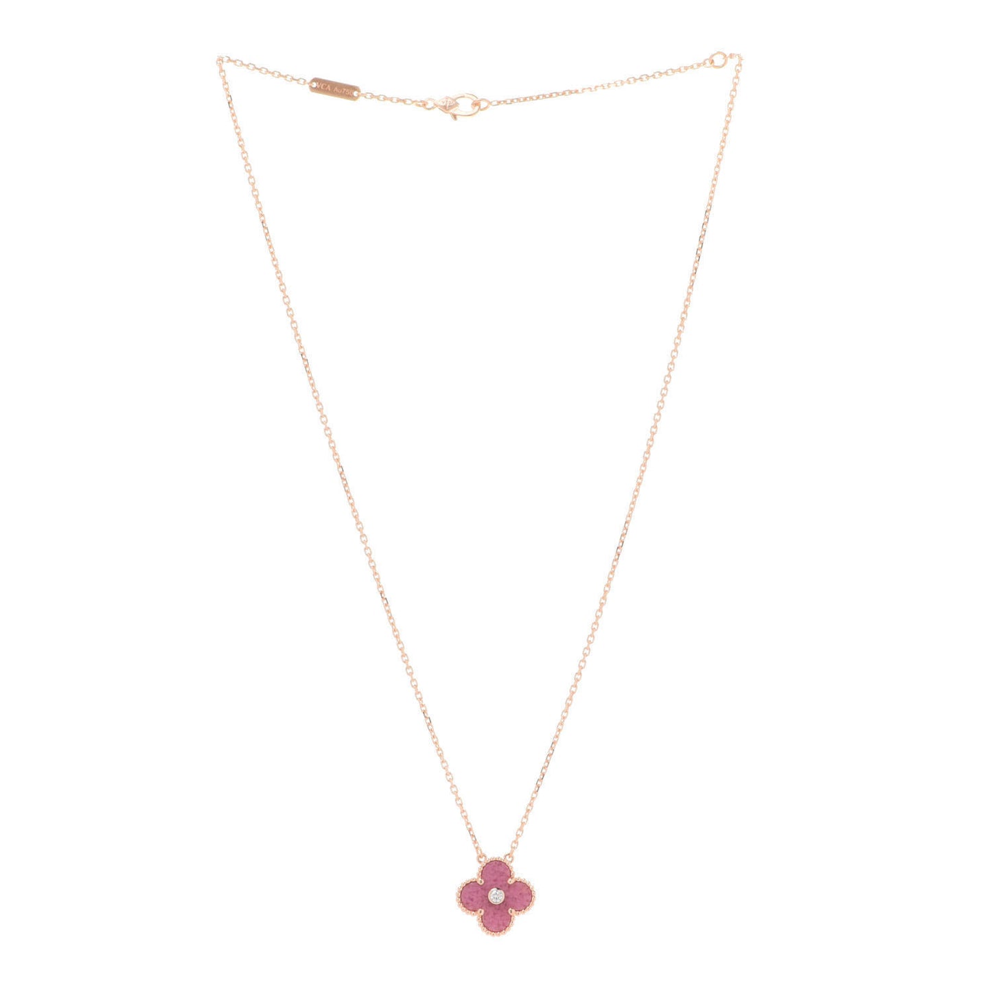 18K Rose Gold Diamond Rhodonite Vintage Alhambra Pendant Necklace