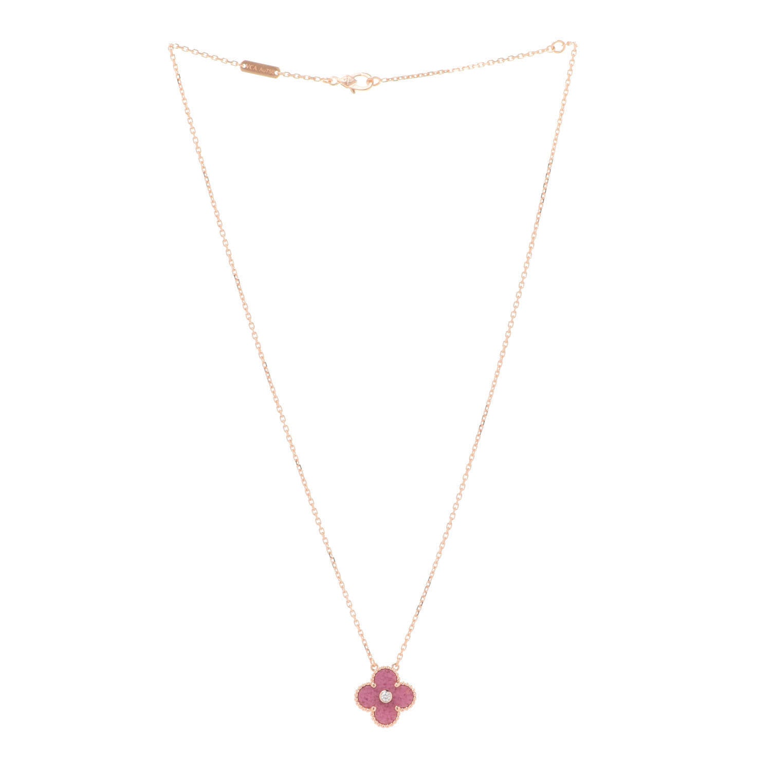 Van Cleef & Arpels 18K Rose Gold Diamond Rhodonite Vintage Alhambra Pendant Necklace 3 of 8