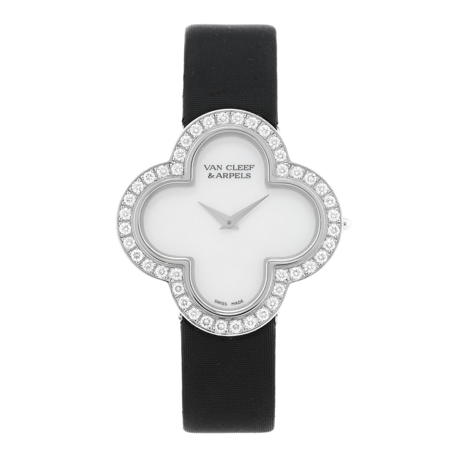Van Cleef & Arpels 18K White Gold Satin Diamond Bezel Mother of Pearl 30mm Alhambra Quartz Watch 1 of 4