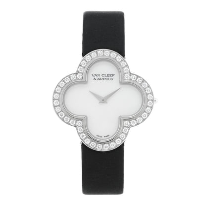 Van Cleef & Arpels 18K White Gold Satin Diamond Bezel Mother of Pearl 30mm Alhambra Quartz Watch 1 of 4
