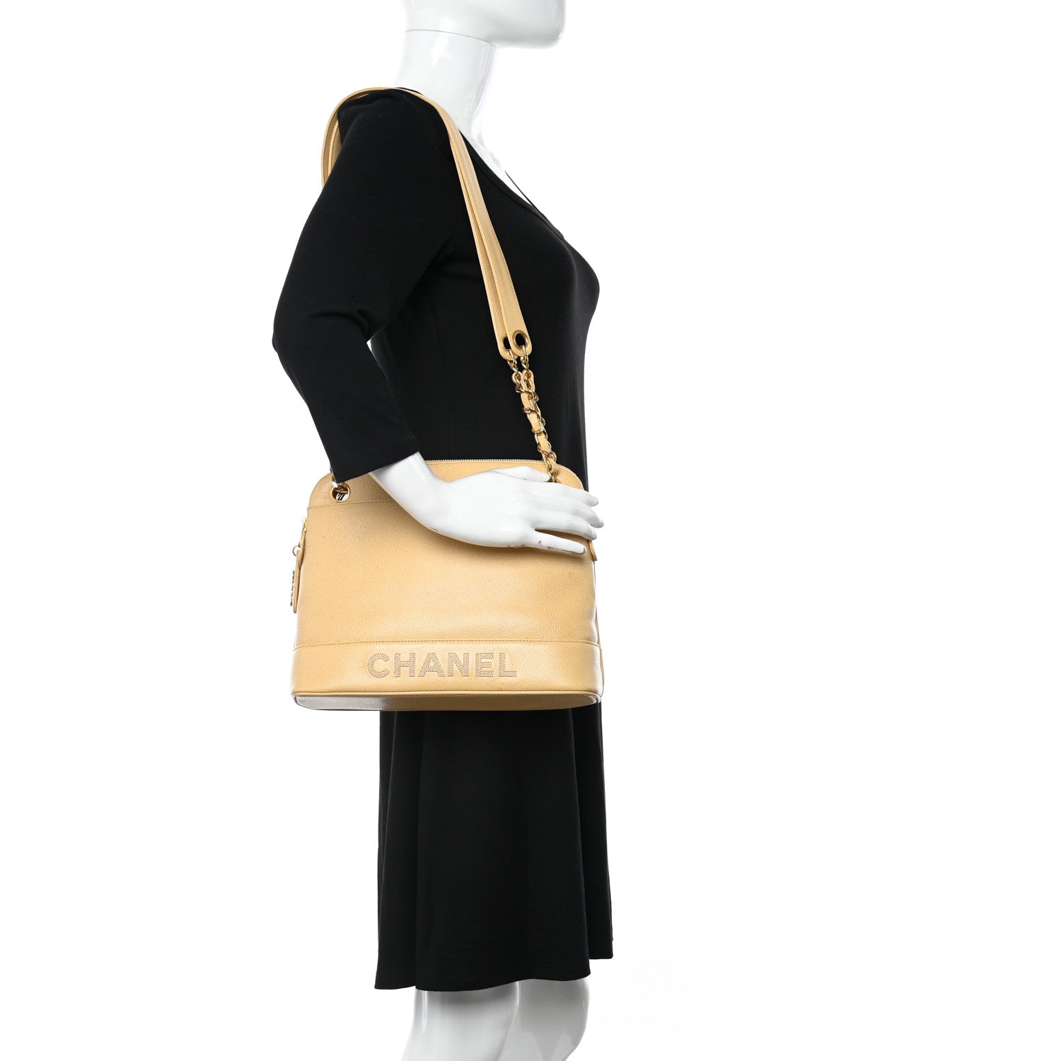 Chanel Caviar Logo Shoulder Bag Beige 2 of 13