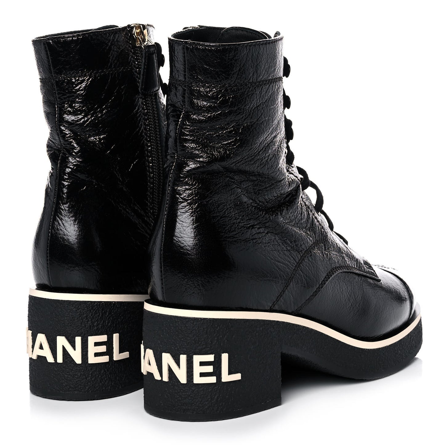 Shiny Crumpled Lambskin Lace Up Combat Boots 38 Black