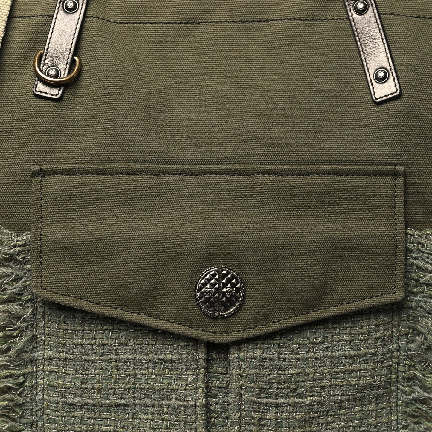 Canvas Tweed Stitched Cuba Patchwork Large Crossbody Shopper Tote Khaki