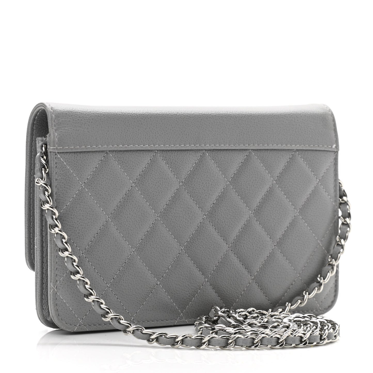 Grained Calfskin Quilted CC Box Wallet On Chain WOC Grey