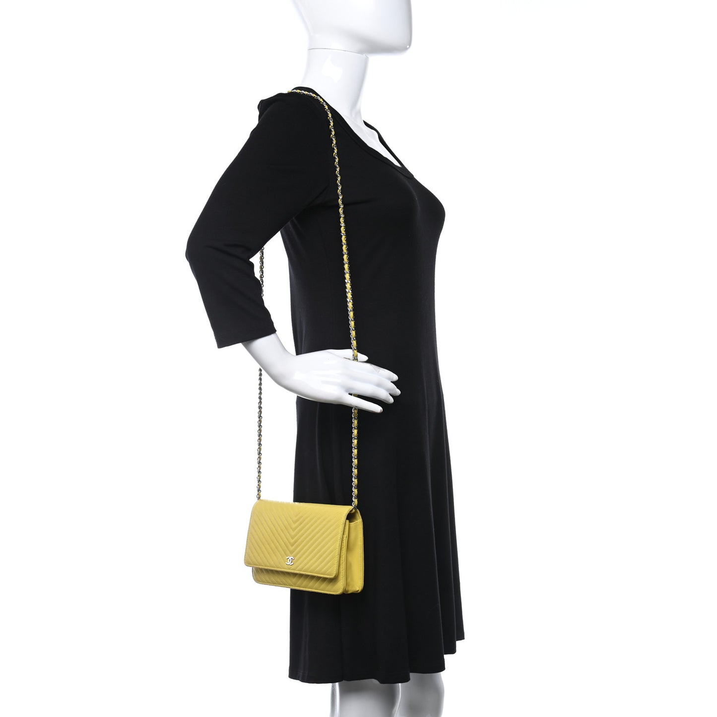 Lambskin Chevron Quilted Wallet On Chain WOC Yellow