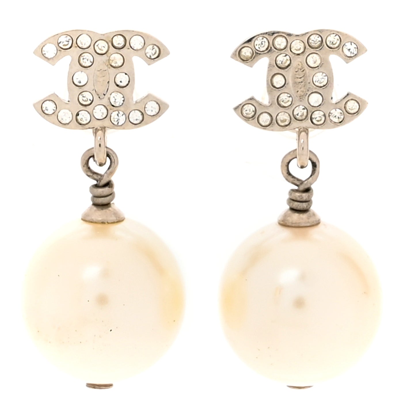 Crystal Pearl CC Drop Earrings Silver Pearly White