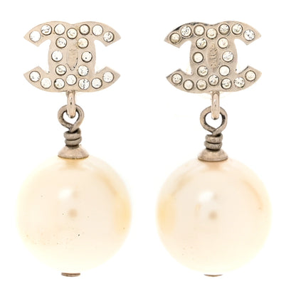 Chanel Crystal Pearl CC Drop Earrings Silver Pearly White 1 of 5