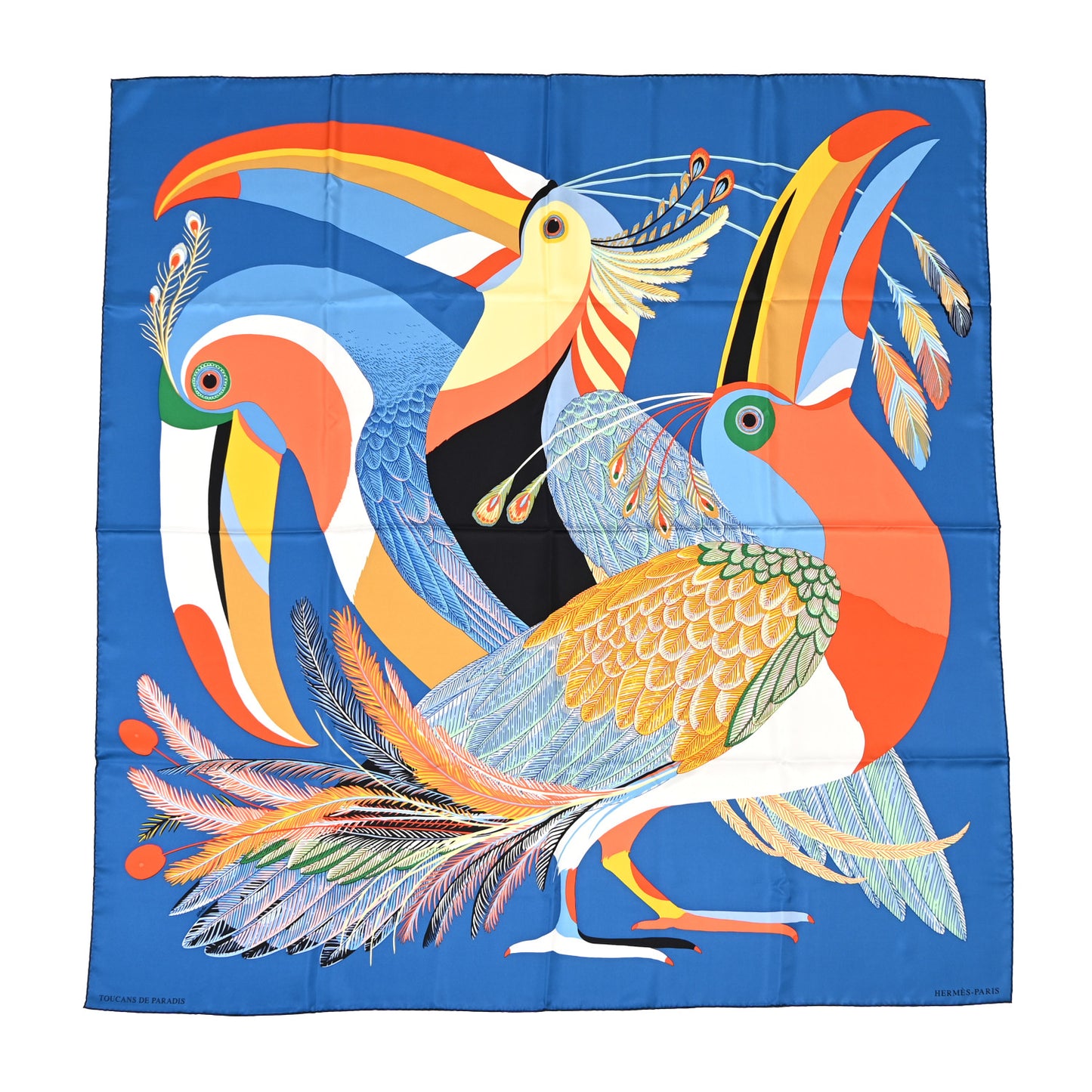 Silk Giant Toucans De Paradis Scarf 140 Bleu Cobalt Orange