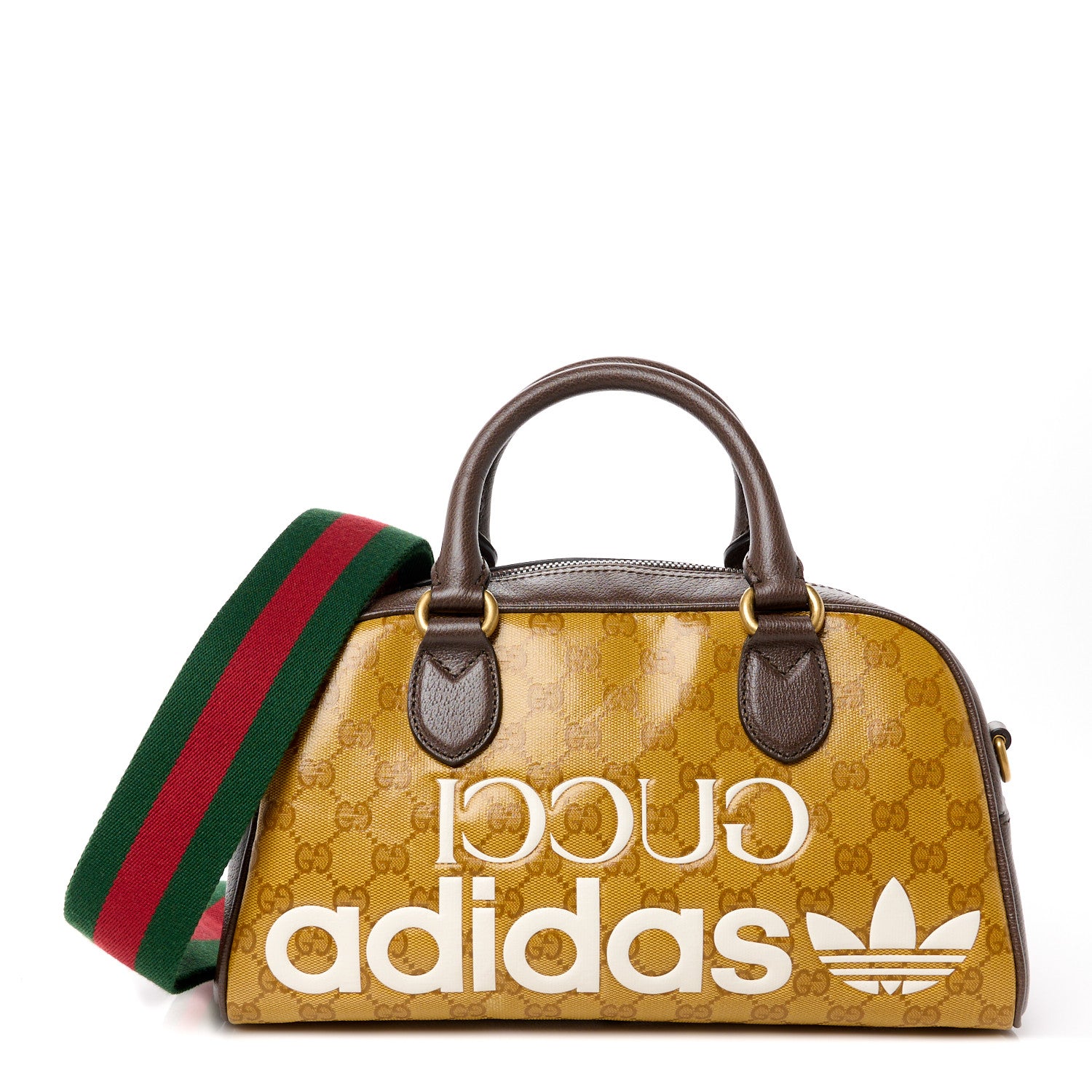Gucci X ADIDAS Crystal Vintage Monogram Textured Dollar Calfskin Web Trefoil Logo Mini Bowling Bag Mid Natural Nut Off White New Acero 1 of 10