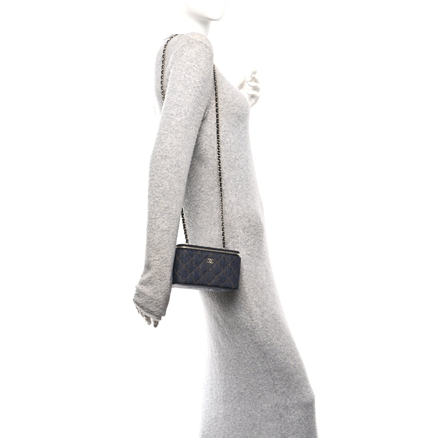 Denim Quilted Vanity Case With Chain Dark Blue